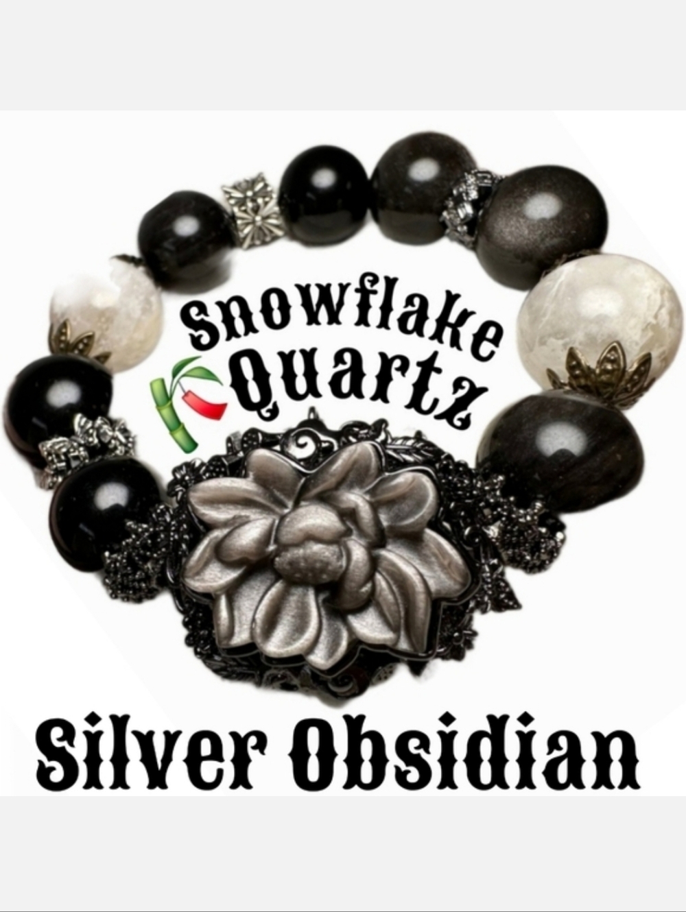 🎋Silver Obsidian BLK & WHT Snow Flake Quartz Bracelet